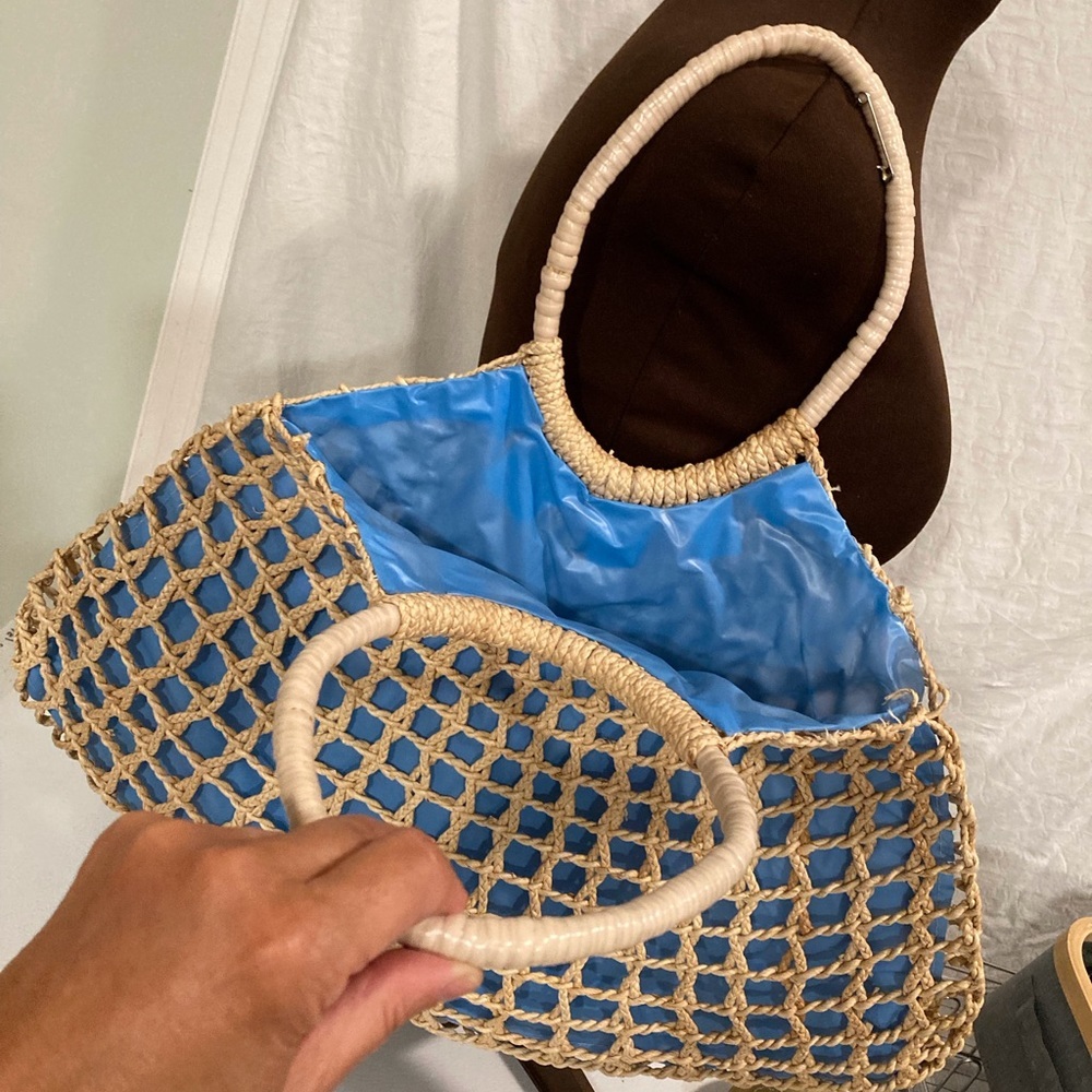 Boho Woven Purse Shopping Tote Lined With Blue Plastic Beach Tote Macrame Look - Picture 12 of 16